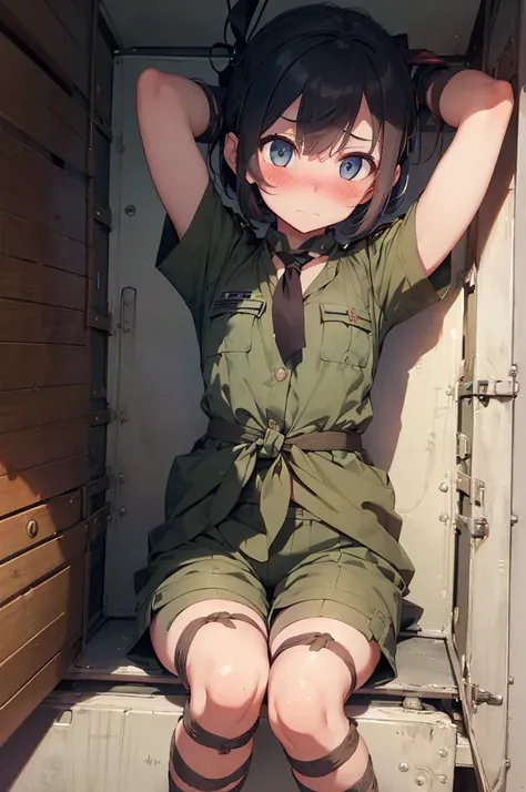 1 girl, inside a military vehicle, (((military uniform, military shorts))), ((short sleeve)), (tied up:1.5), arms up, restrained, (worried:1.5), (blushing:1.5), perfect body, perfect face, perfect eyes, detailed eyes, beautiful eyes, big thighs, detailed f...