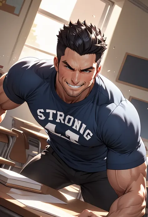 detailed illustration, dynamic angle, ultra-detailed, illustration, 1man, strong, smirk, college jersey, classroom, sexy, seductive, black hair, clean cut