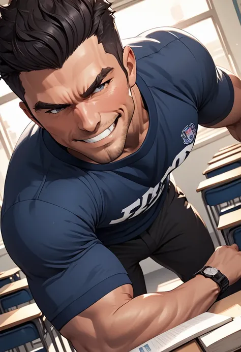 detailed illustration, dynamic angle, ultra-detailed, illustration, 1man, strong, smirk, college jersey, classroom, sexy, seductive, black hair, clean cut