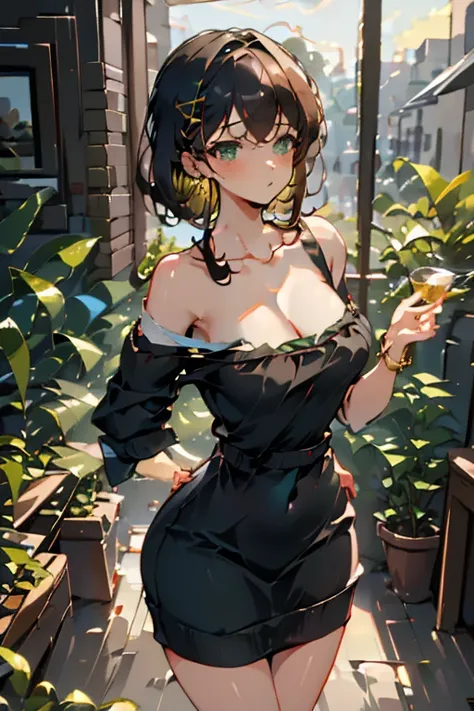 (from below:1.2), (perky chest:1.2), (pointed chest:1.2), 1girl, Bust A Cup, Amazing Cleavage:1.1, thin waist, big ass, Raised cute, small breast: 1.1 posed cleavage:1.2、solo, looking at viewer, have a cute glass of cute beer glass,black hair, dark green e...