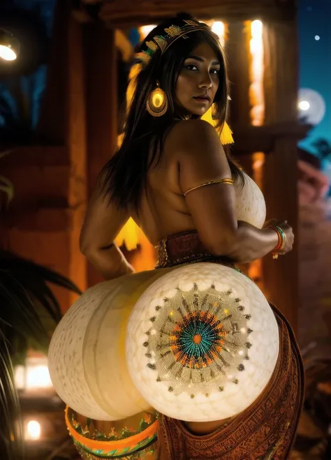 Beautiful Cherokee Indian woman with beautiful terracotta colored headdresses, blackw, doradas, cobre, Pearl, white and beige, feathers made of bright neon of various colors, flares on camera, bokeh, full moon night
