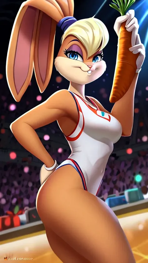 ((detailed:1.44)),sole_female: furry,rabbit ((Lola Bunny)) holding a carrot