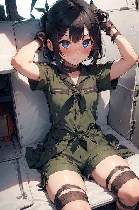 1 girl, sitting, inside a military vehicle, (((military uniform, military shorts))), ((short sleeve)), (tied up:1.5), arms up, restrained, (worried:1.5), (blushing:1.5), perfect body, perfect face, perfect eyes, detailed eyes, beautiful eyes, big thighs, d...