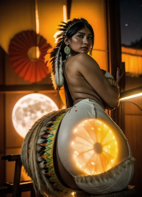 Beautiful Cherokee Indian woman with beautiful terracotta colored headdresses, blackw, doradas, cobre, Pearl, white and beige, feathers made of bright neon of various colors, flares on camera, bokeh, full moon night
