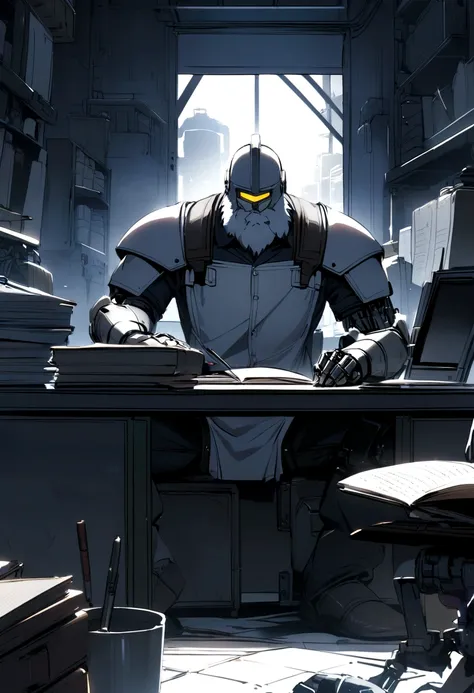 The engineer can be a man with a white helmet and a beard and a notebook and a robotic arm in his office. 