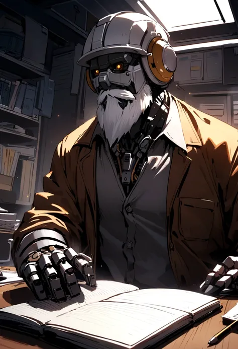 The engineer can be a man with a white helmet and a beard and a notebook and a robotic arm in his office. 