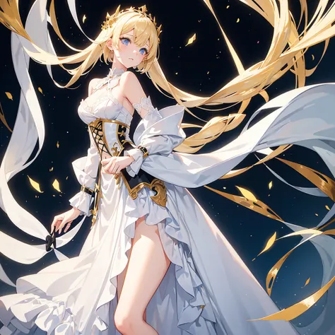 a girl with short blonde hair, blue eyes, long white dress, black and gold corset, wearing a over shoulder white long coat with black fur, in a background controlling red strings