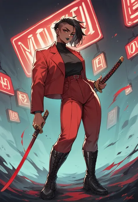 beautyfull strong woman, tall woman,black robotic implants,  black woman, red details, brown skin, sidecut big dreads black hair, tomboy, black lipstick, red suit, black boots, holding a big red katana, red neon lights