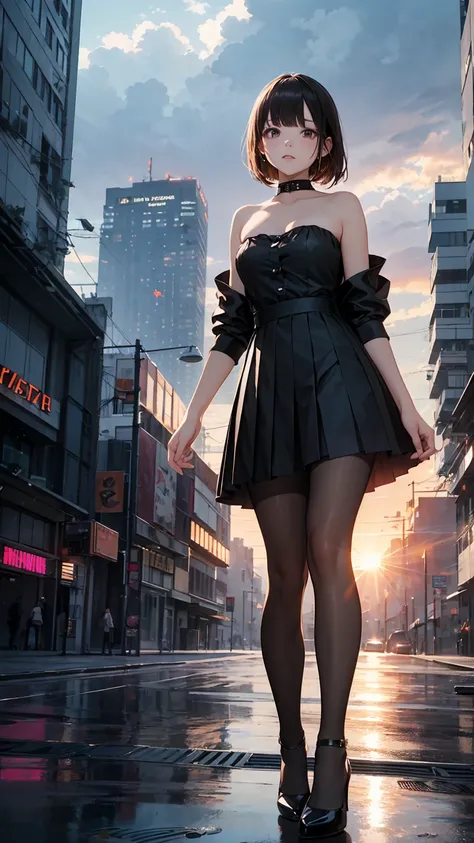 beautiful teenage girl, 13 years old, big eyes, strapless blouse, tiny pleated skirt, pantyhose, high heels, ray tracing, 4K, best quality, near the lake, sunrise, cloudy sky, cyberpunk universe