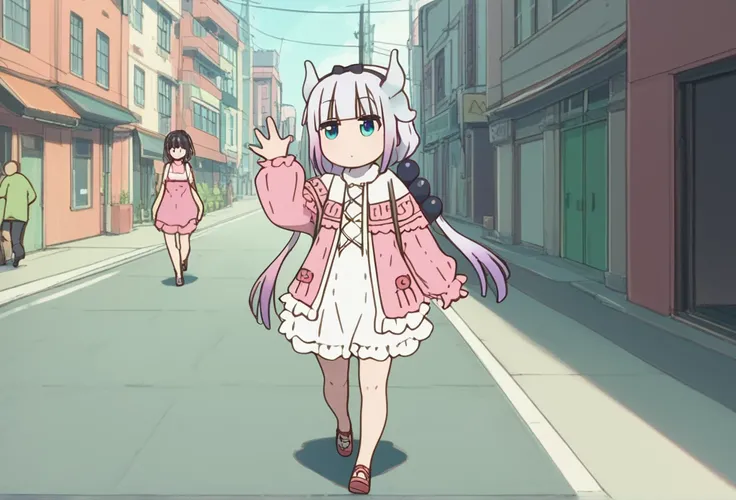  Kanna Kamui, dragon_horns, Walking through the city waving