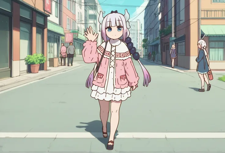  Kanna Kamui, dragon_horns, Walking through the city waving