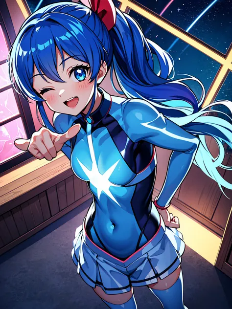 aikatsu,（Overhead view),dynamic angle,ultra-detailed, illustration, close-up, straight on, 1girl, ((blue souryuu asuka langley, interface headset, blue bodysuit:1.4, blue)),Her eyes shone like dreamy stars,(glowing eyes:1.233),(beautiful and detailed eyes:...