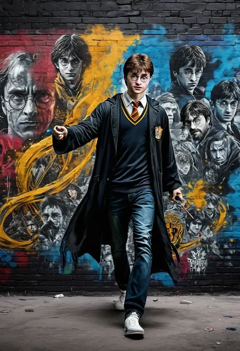 graffiti wall "Harry Potter", (Best Quality, Masterpiece, Representative work, Official Art, professional, Ultra intricately detailed, Harry Potter tiene una camisera de boca juniors, 8k:1.3)