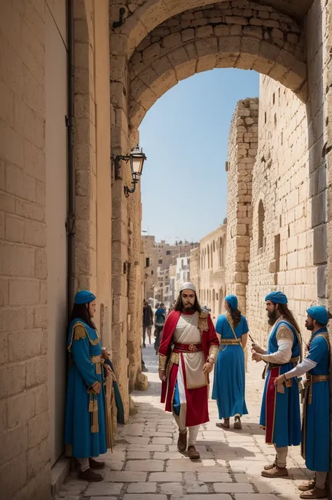 "Create an image of Israel in the time of Jesus, showing vibrant everyday life with a complex political landscape dominated by the Romans. Include Roman infrastructure and the oppressive presence of Roman soldiers patrolling the streets, constantly remembe...