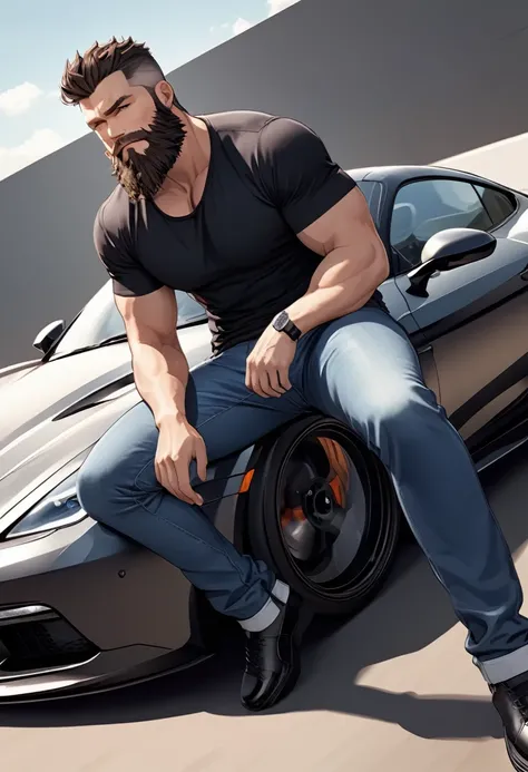 detailed illustration, dynamic angle, ultra-detailed, illustration, 1man, smirk, black shirt, jeans, sitting on a sports car, sexy, seductive, beard