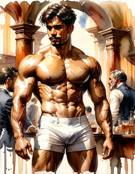 watercolor In the iconic art style of joaquin sorolla an henry scott tukei, a hyperrealistic, meticulous illustration of a young, slim, and muscular Latino with a strong display of leadership body language and perfectly detailed anatomy. Hes illuminated by...