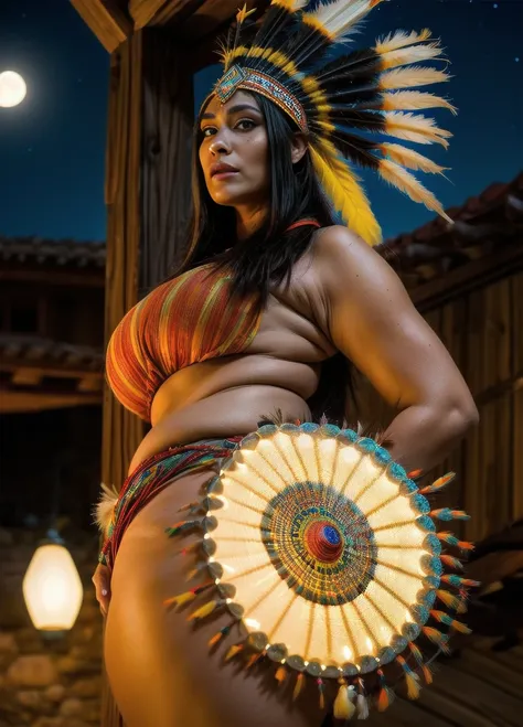 Beautiful Cherokee Indian woman with beautiful terracotta colored headdresses, blackw, doradas, cobre, Pearl, white and beige, feathers made of bright neon of various colors, flares on camera, bokeh, full moon night
