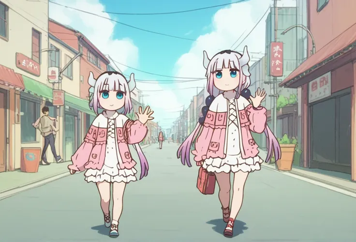  Kanna Kamui, dragon_horns, Walking through the city waving and smiling this way