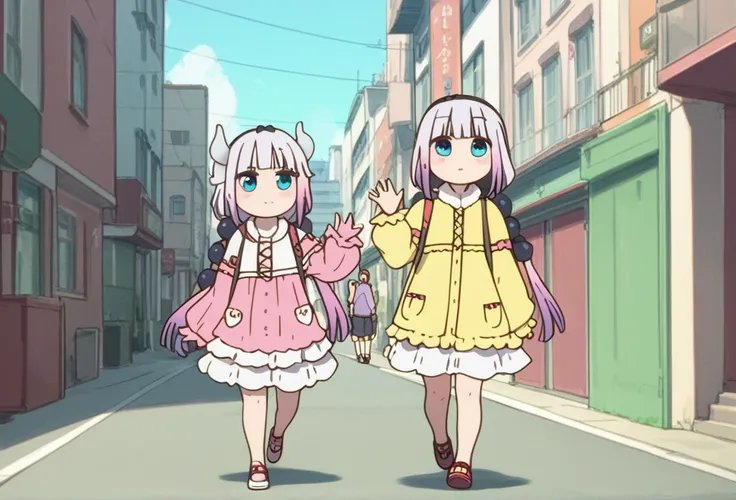  Kanna Kamui, dragon_horns, Walking through the city waving and smiling this way