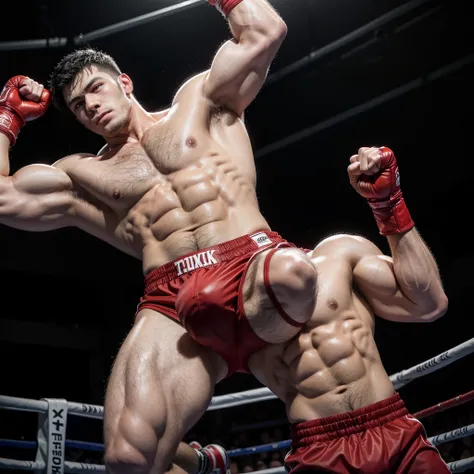 hairy, muscular boxer, has straight black hair on his chest, large flexed biceps, leather red big gloves oversized, laces and tapped and has his hands raised in a sign of victory, he is over a boxing ring, he wear small briefs and long boxing boots, short ...