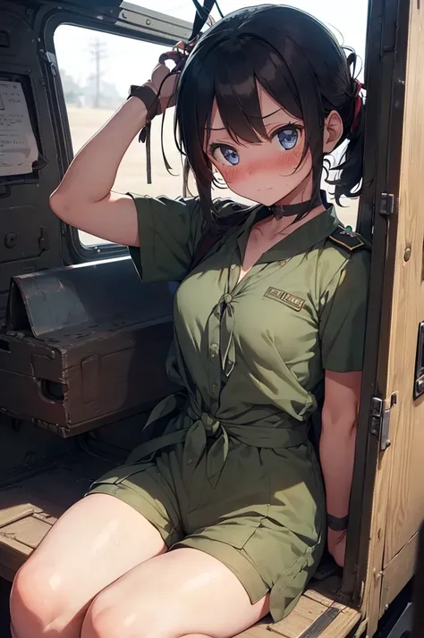 1 girl, sitting, inside a military vehicle, (((military uniform, mini shorts))), ((short sleeve)), (tied up:1.5), tied up, handcuffed, restrained, (worried:1.5), (blushing:1.5), perfect body, perfect face, perfect eyes, detailed eyes, beautiful eyes, big t...