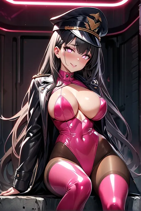 masterpiece, cute,tall,beautiful,best quality, 1lady,black hair,long hair,glowing eyes, (finely detailed empty pupils and detailed face),,,,extremely detailed cg unity 8k wallpaper,solo,(latex military costume:0.9),large breasts,seductive smile,military ha...