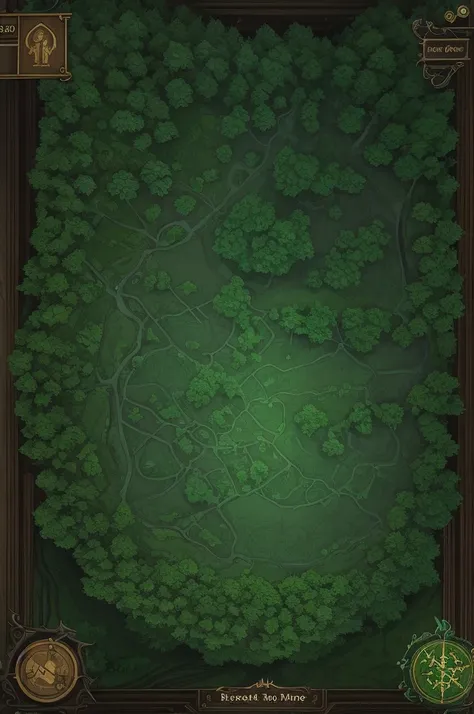 Create a top-down view of an RPG map that is a dark forest with multiple paths 