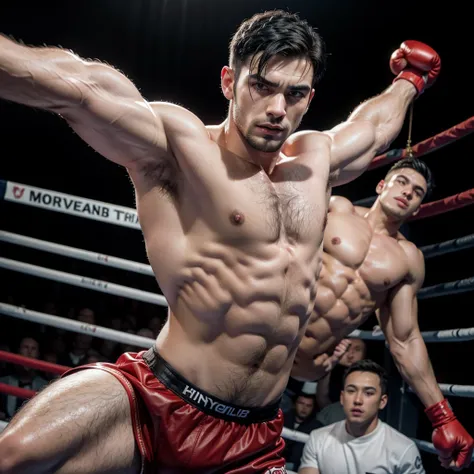 hairy, muscular boxer, has straight black hair on his chest, large flexed biceps, leather red big gloves oversized, laces and tapped and has his hands raised in a sign of victory, he is over a boxing ring, he wear small briefs and long boxing boots, short ...