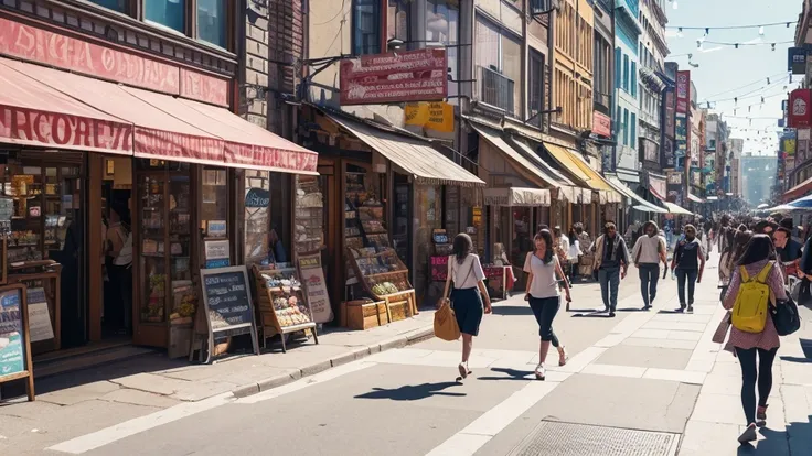 A detailed, realistic image of a busy street in the city. The street is lined with shops, cafes, and pedestrians hurrying to their destinations. The teenager from the first image is walking on the sidewalk, headphones on, blending into the lively urban env...