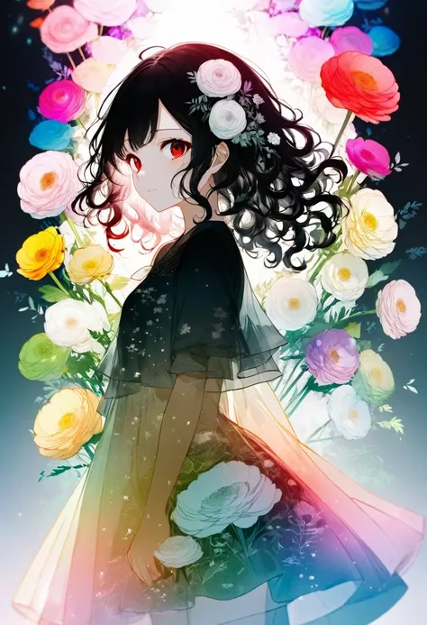 16k, (double exposure:1.05 silhouette: 1.1) (many white Ranunculus asiaticus) (background is exposure:1.1 ParticlesColorfulLight Rays), wearing layered one piece dress, frontale curly hair black hair long hair lovely red eyes girl.