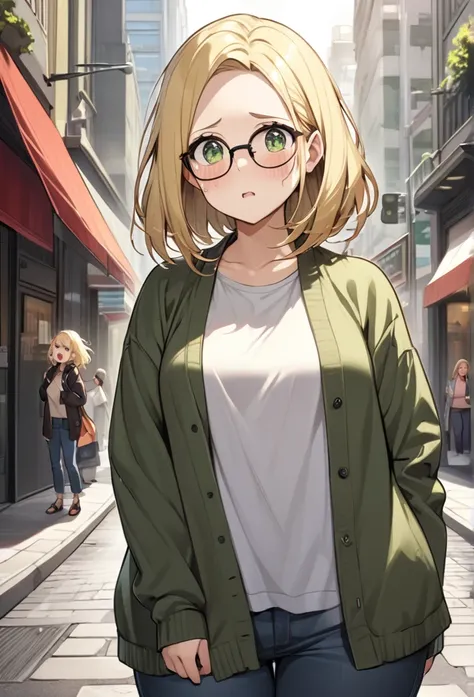 chubby girl, blonde, medium length hair, open forehead, no bangs, green eyes, black square-rimmed glasses, tears, casual clothes, street, city street