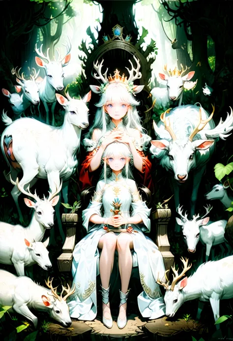 (Queen, crown), At the center of the screen is a crowned queen sitting on a throne intertwined with thick tree roots, surrounded by various wild animals. One of the white deer is gently caressed by her hand, and the background is a lush forest, (Photograph...