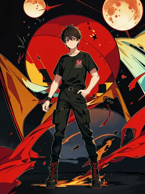 16 year old boy, Average height, athlete, black hair, one red eye and one brown eye, Caucasian skin, wear black cargo pants, combat boots, a normal black t-shirt