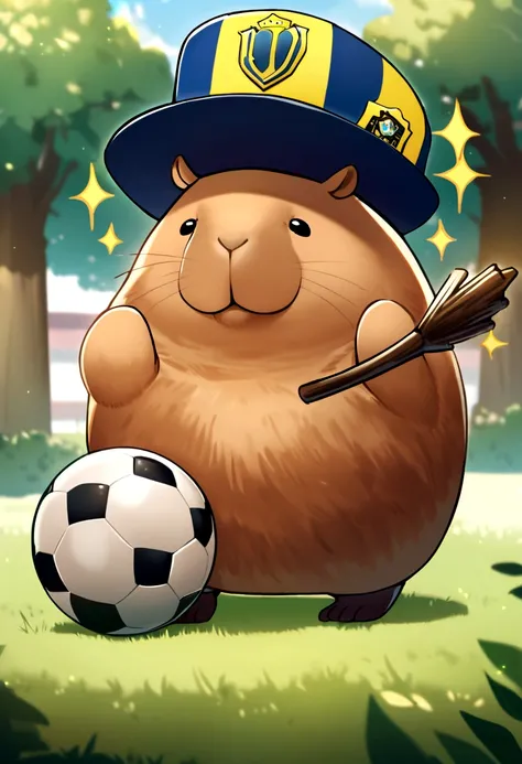 A cute capybara wearing a boca juniors hat and doing magic with a tree stick. has a soccer ball