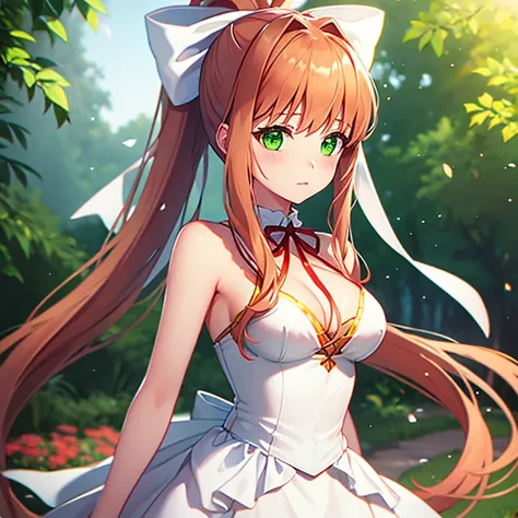 monika,white and green dress,green eyes,long hair,ponytail,ribbon,coral brown hair,white ribbon,very long hair,bow,hair bow,brea...