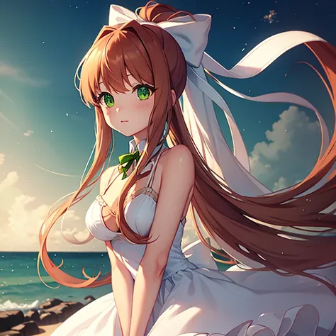 monika,white and green dress,green eyes,long hair,ponytail,ribbon,coral brown hair,white ribbon,very long hair,bow,hair bow,brea...