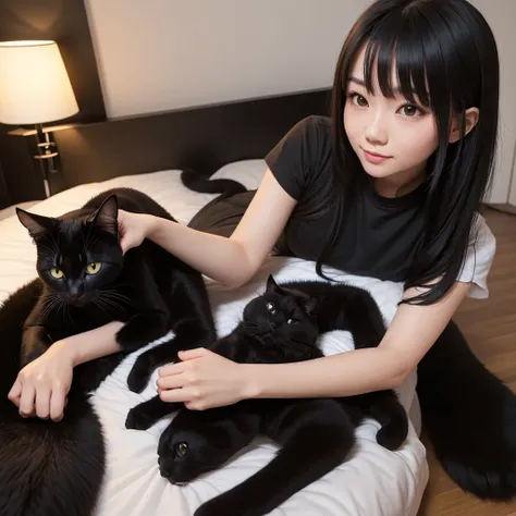 adorable cute asian emo in her house playing with her pet black cat on the bed in her room