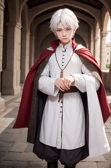 Make a 14-year-old boy, rabbit-human hybrid with white hair, red eyes and medieval peasant clothes in anime style