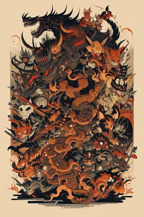 pandemonium, group of yokai, group of oni, giant snake, (fox), centipede, (giant skeleton), spider, demon, oni, tengu, The picture is painted in the style of a Japanese ink painting, (Side angle)
