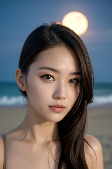 woman at night on the beach, bright moon, face hd, beautiful model