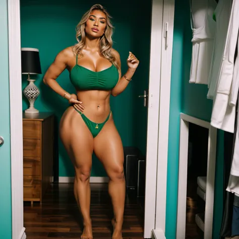 Arafa woman in a green top and green bikini posing in a closet, posing and flexing, thick, corpo thick, thick build, Curvaceous Physical Fit, strong pose, beautiful thick female, mid-body shot, posing fully body, whole body!!!, flexing big muscles, perfect...