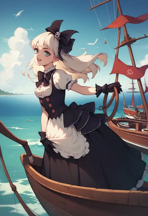 Giant girl leaning out of the sea. She wears a gothic dress, dress with ruffles, Innocent laughter, Grab and sink the ship, Wooden boat. Tentacles extending from the sea, View from the ship.