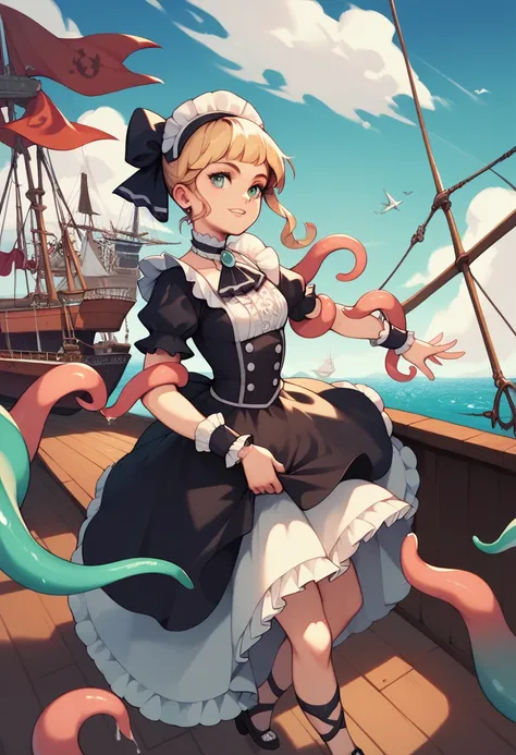 Giant girl leaning out of the sea. She wears a gothic dress, dress with ruffles, Innocent laughter, Grab and sink the ship, Wooden boat. Tentacles extending from the sea, View from the ship.