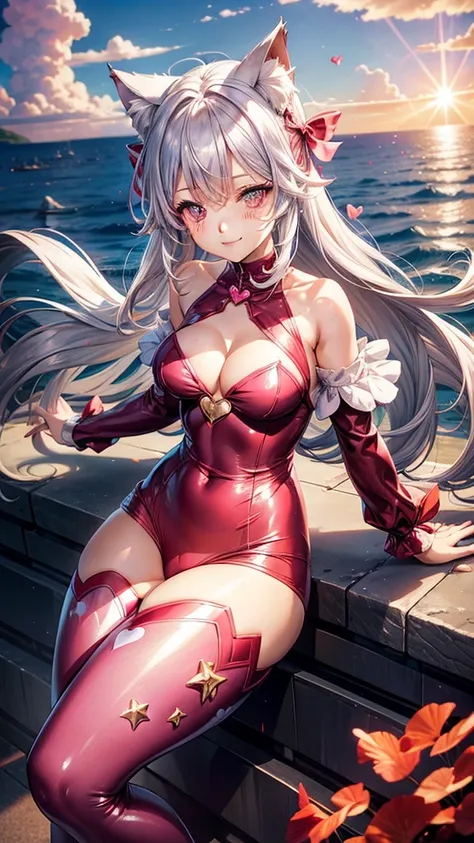 Silver hair, pink eyes, woman, sun and cloud background, red clothes, hair bows, happy face, mermaid outfit, sexy, cat ears, hearts, floating hearts, thigh up, thigh high tights