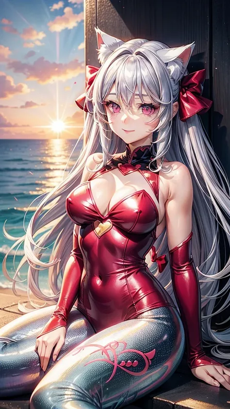 Silver hair, pink eyes, woman, sun and cloud background, red clothes, hair bows, happy face, mermaid outfit, sexy, cat ears, hearts, floating hearts, thigh up, thigh high tights