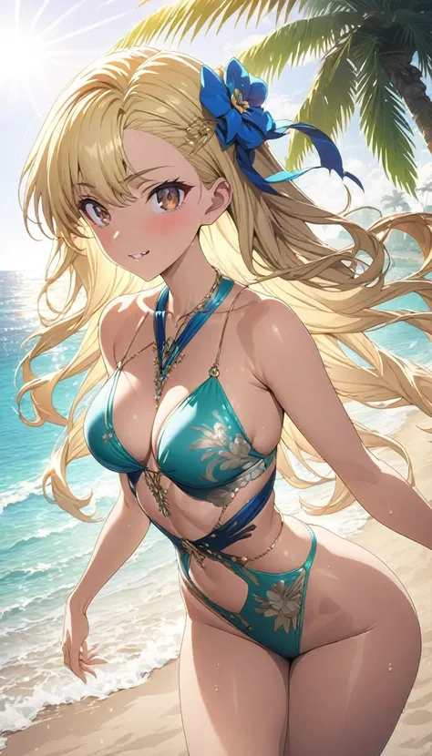 masterpiece, rich colors, Best quality, detailed, high resolution, Hyper quality, high detail, , high quality, detailing, skinny sexy girl on the beach , bright lighting , Brown eyes, Anime, palm trees, bright lighting, blonde,