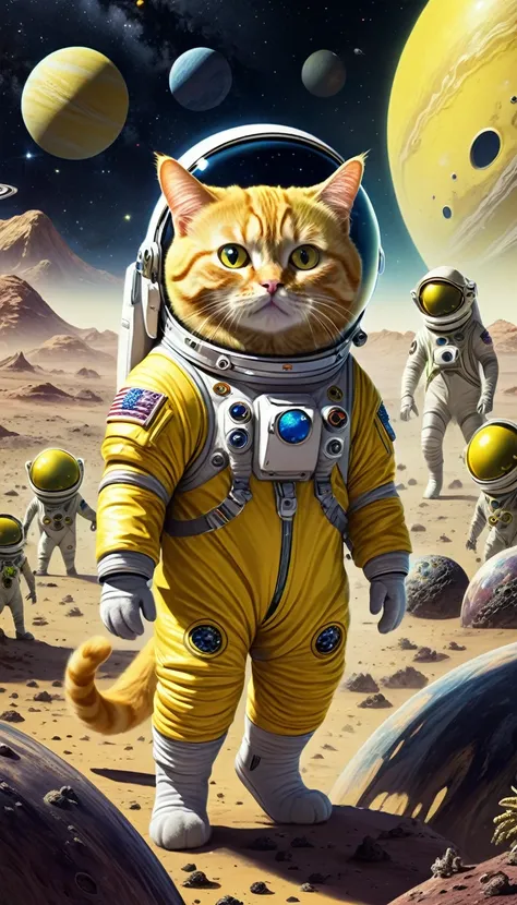 A yellow cat astronaut in a spacesuit arrives on a new planet and is surrounded by aliens who, at first glance, dont recognize him.