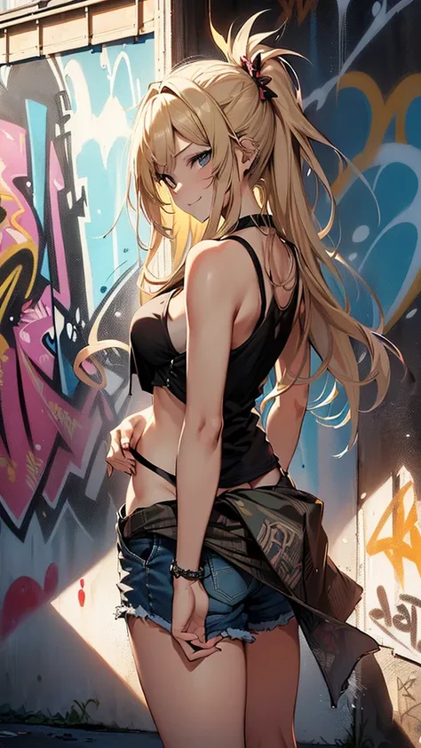 最high quality、best image quality、masterpiece、teenage girl((18-year-old、 By becoming、vest bust、medium bust,wide open breast tea、black eye, blonde hair、habitual hair、long hair、thin,highest valley、belly button black tank top、blue shorts、Holding a spray can、sm...