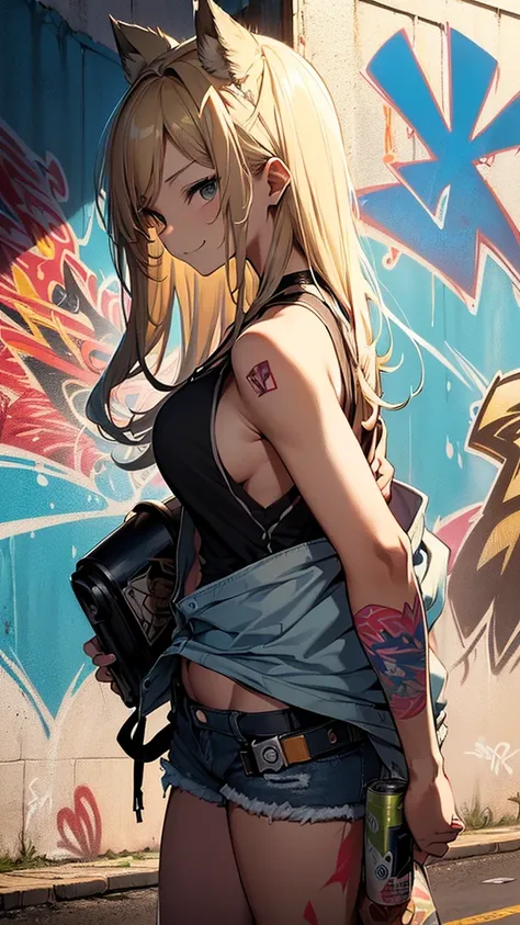 最high quality、best image quality、masterpiece、teenage girl((18-year-old、 By becoming、vest bust、medium bust,wide open breast tea、black eye, blonde hair、habitual hair、long hair、thin,highest valley、belly button black tank top、blue shorts、Holding a spray can、sm...