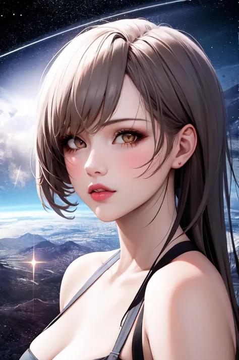 1girl, beautiful face, ((white eyes)), sexy pose, Red moon in the background, stars, space, (lightroom:1.13), soft light, (natural skin texture:1.2), (hyperrealism:1.2), sharp focus, focused,[[realistic]]